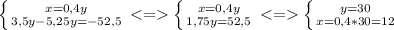 \left \{ {{x=0,4y} \atop {3,5y-5,25y=-52,5}} \right. <= \left \{ {{x=0,4y} \atop {1,75y=52,5}} \right. <= \left \{ {{y=30} \atop {x=0,4*30=12}} \right.