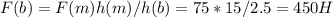 F(b)=F(m)h(m)/h(b)=75*15/2.5=450H