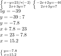 \left \{ {{x-y=23/*(-2)} \atop {2x+3y=7}} \right. \left \{ {{-2x+2y=-46} \atop {2x+3y=7}} \right. \\ 5y=-39 \\ y=-39:7 \\ y=-7.8 \\ x+7.8=23 \\ x=23-7.8 \\ x=15.2\\ \\ \left \{ {{y=-7.8} \atop {x=15.2}} \right.