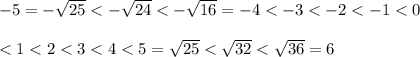 -5=-\sqrt{25}<-\sqrt{24}<-\sqrt{16}=-4<-3<-2<-1<0\\\\<1<2<3<4<5=\sqrt{25}<\sqrt{32}<\sqrt{36}=6