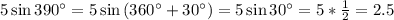 5\sin{390^{\circ}}=5\sin{(360^{\circ}+30^{\circ})}=5\sin{30^{\circ}}=5*\frac{1}{2}=2.5