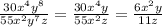 \frac{30x^4y^8}{55x^2y^7z} = \frac{30x^4y}{55x^2z} =\frac{6x^2y}{11z}