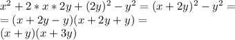 x^2+2*x*2y+(2y)^2-y^2=(x+2y)^2-y^2= \\ =(x+2y-y)(x+2y+y)= \\ (x+y)(x+3y)