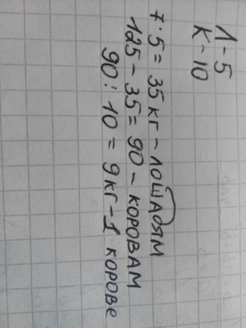 Для 5 лошедей и 10 коров выдали 125кг сена.каждой лошади выдавали 7кг сена.сколько килограммов сена