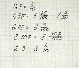 Запишите в виде обыкновенных дробей: 0,7; 1,35; 6,03; 8,107; 2,3