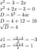 x^{2} =3-2x \\ x^{2} +2x-3=0 \\ D=b^2-4ac \\ D=4+12=16 \\ \sqrt{D} =4 \\ \\ x1= \frac{-2-4}{2} =-3 \\ x2= \frac{-2+4}{2} =1