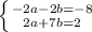 \left \{ {{-2a-2b=-8} \atop {2a+7b=2}} \right.