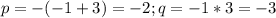 p=-(-1+3)=-2;q=-1*3=-3