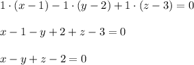 1\cdot (x-1)-1\cdot (y-2)+1\cdot (z-3)=0\\\\x-1-y+2+z-3=0\\\\x-y+z-2=0