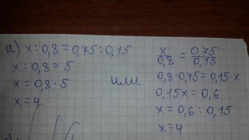 Решите уравнения а) x : 0,8 =0,75 : 0,15 б) 5 целых 3/8 : x= 6 целых 1/9 : 1 целых 12/43