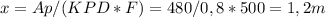 x=Ap/(KPD*F)=480/0,8*500=1,2m