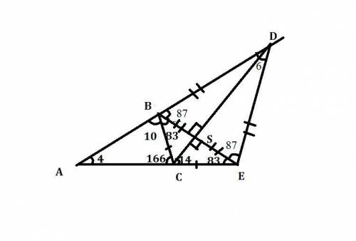 Втреугольнике abc угол а равен 4 градусам,угол b равен 10 градусам.сd биссектриса внешнего угла при