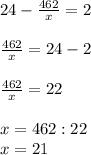 24- \frac{462}{x} =2 \\ \\ \frac{462}{x} =24-2 \\ \\ \frac{462}{x} =22 \\ \\ x=462:22 \\ x=21