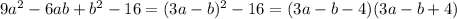 9a^2-6ab+b^2-16=(3a-b)^2-16=(3a-b-4)(3a-b+4)