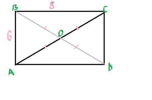 Abcd - прямоугольник. bd и ac - диагонали, которые пересекаются в точке о. ab = 6 см, bc = 8 см. най