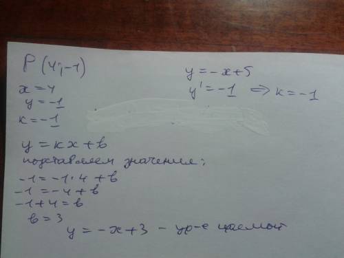 Составьте уравнений прямой, проходящей через точку р(4: -1) и параллельной прямой у= -х+5