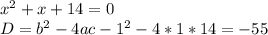 x^2+x+14=0 \\ D=b^2-4ac-1^2-4*1*14=-55