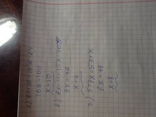 Мне с решением 1) 6x+16=16x-84 x=(otbet) 2) 6x-4=15x-40 x=(otbet) 3) 5+7x=53+x x=(otbet)