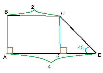 Знайдіть площу прямокутноі трапеціі,основи якоі 2см та 4см,а один із кутів при основі дорівнює 45 гр