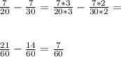 \frac{7}{20} - \frac{7}{30} = \frac{7*3}{20*3} - \frac{7*2}{30*2} = \\ \\ \\ \frac{21}{60} - \frac{14}{60} = \frac{7}{60}