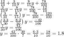 \frac{12}{10}+\frac{3}{10}y=\frac{8}{15}y+\frac{78}{100}\\&#10;\frac{3}{10}y-\frac{8}{15}y = \frac{78}{100} - \frac{12}{10}\\&#10;\left(\frac{3}{10}-\frac{8}{15}\right)y = \frac{78}{100} - \frac{120}{100}\\&#10;\left(\frac{3\cdot3}{30}-\frac{8\cdot2}{30}\right)y = \frac{-42}{100}\\&#10;\frac{7}{30}y = \frac{42}{100}\\&#10;y = \frac{42}{100}\cdot\frac{30}7=\frac{6\cdot3}{10}=\frac{18}{10}=1.8