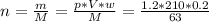 n = \frac{m}{M} = \frac{p*V*w}{M} = \frac{1.2*210*0.2}{63}