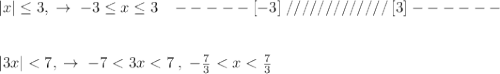 |x| \leq 3,\; \to \; -3 \leq x \leq 3\; \; \; -----[-3]\; /////////////\; [3]------\\\\\\|3x|<7,\; \to \; -7<3x<7\; ,\; -\frac{7}{3}<x<\frac{7}{3}