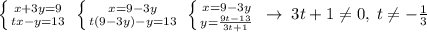 \left \{ {x+3y=9} \atop {tx-y=13}} \right. \; \left \{ {{x=9-3y} \atop {t(9-3y)-y=13}} \right. \; \left \{ {{x=9-3y} \atop {y=\frac{9t-13}{3t+1}}} \right. \; \to \; 3t+1\ne 0,\; t\ne -\frac{1}{3}