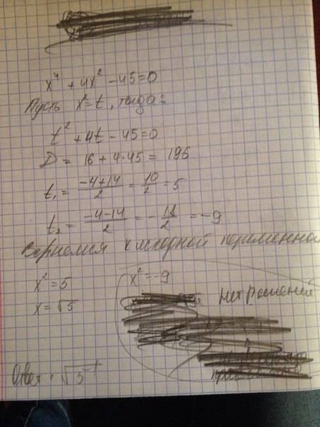 Решите биквадратное уравнение: х^4+4x^2-45=0