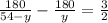 \frac{180}{54-y} -\frac{180}{y} = \frac{3}{2}