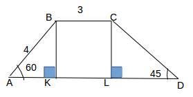 Дана трапеция с основаниями bc и ad. bc=3, ab=4,угол а=60, угол d=45.найти площадь и периметр трапец