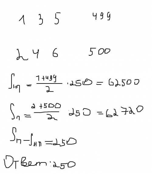 На сколько сумма всех чётных чисел пяти первых сотен больше суммы всех нечётных чисел пяти первых со