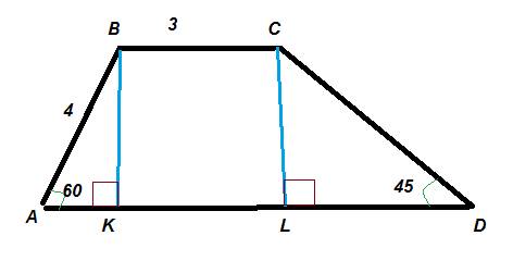 Дано: abcd- трапеция. bc и ad основания. bc=3 см, ab=4 см. угол а=60 градусов, угол d=45 градусов. н