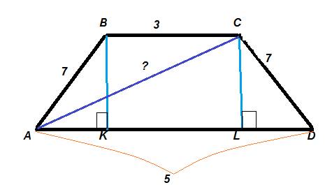 Вравнобедренной трапеции основания равны 3 см и 5 см а боковая сторона равна 7см вычислите диагонали
