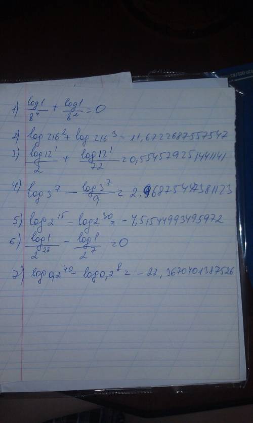 Вычислите)log1/8^4+log1/8^2= log216^2+log216^3= log12^1/2+log12^1/72= log3^7-log3^7/9= log2^15-log2^