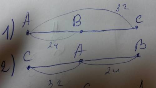 Точки а,в и с лежат на одной прямой.найдите длину отрезка вс,если ав =24см,ас=32 см.сколько решений