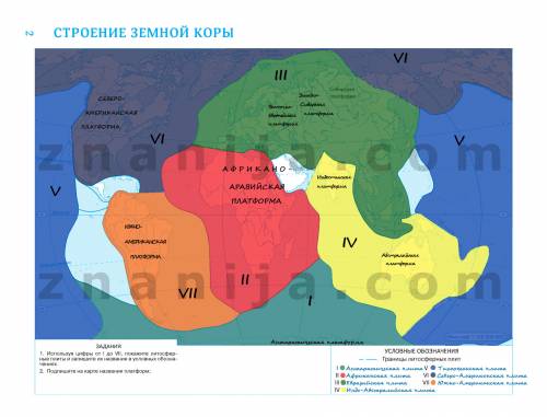 Подпишите самые крупные платформы ,выделить их цветом и крупные литосферные плиты (римскими цифрами)