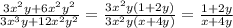 \frac{3x^2y+6x^2y^2}{3x^3y+12x^2y^2} = \frac{3x^2y(1+2y)}{3x^2y(x+4y)} =\frac{1+2y}{x+4y}