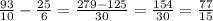 \frac{93}{10} -\frac{25}{6}= \frac{279-125}{30}= \frac{154}{30}= \frac{77}{15}