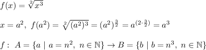 f(x) = \sqrt[2]{x^3}\\\\&#10;x = a^2, \ f(a^2) = \sqrt[2]{(a^2)^3} = (a^2)^{\frac{3}{2}} = a^{(2 \cdot \frac{3}{2})} = a^3\\\\&#10;f: \ A = \{ a \ | \ a = n^2, \ n \in \mathbb{N} \} \rightarrow B = \{ b \ | \ b = n^3, \ n \in \mathbb{N} \}