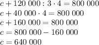 c+120\;000:3\cdot4=800\;000\\c+40\;000\cdot4=800\;000\\c+160\;000=800\;000\\c=800\;000-160\;000\\c=640\;000