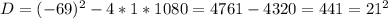 D=(-69)^2-4*1*1080=4761-4320=441=21^2