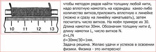 Определить методом рядов толщину нитки, можно использовать любые нитки.