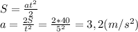 S=\frac{at^2}{2}\\a=\frac{2S}{t^2}=\frac{2*40}{5^2}=3,2(m/s^2)