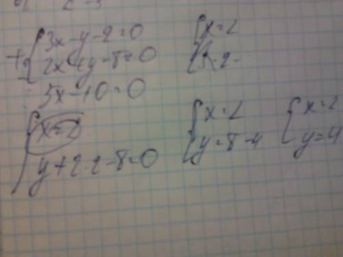 Как решить уравнение 3х-у-2=0 и 2х+у-8= напишите с решением чтобы было понятно))