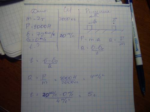Сколько времени будет длиться торможение автомобиля массой 2т при действии 8000н? начальная скорость