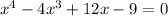 x^4 - 4x^3 +12x - 9 = 0