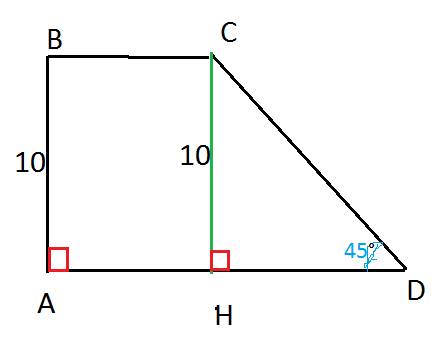Впрямоугольной трапнции abcd меньшая боковая сторона ab=10см, угол cda=45°. найдите расстояние от ве