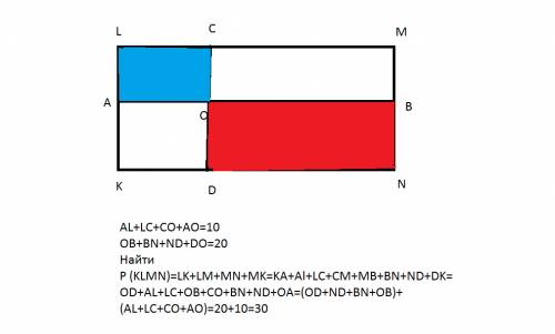 Прямоугольник klmn отрезками ab и cd разбивается на 4 прямоугольника. перитетр alco= 10см. периметр
