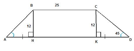 Меньшее основание равнобокой трапеции равно 25 см,высота 12 см,а острый угол 45°. найдите площадь тр